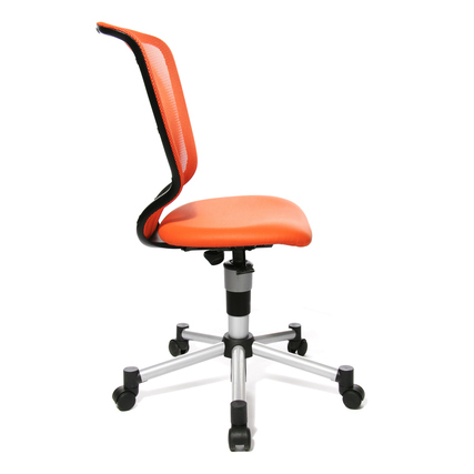 Oranger Kinderdrehstuhl mit hoher Rückenlehne und verstellbarem Sitz, seitliche Sichtansicht.