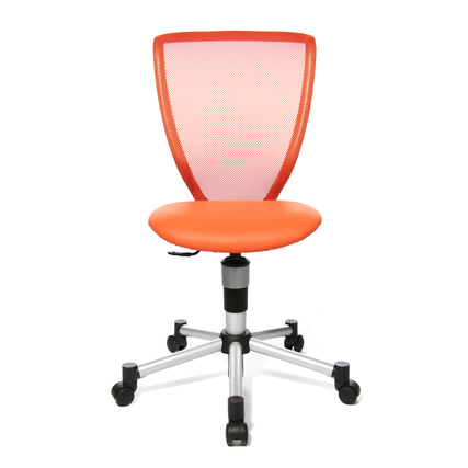 Oranger Kinderdrehstuhl mit hohem Netzrücken und verstellbarem Sitz auf einem Fußkreuz.