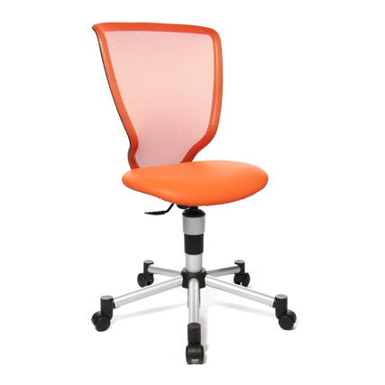 Orangefarbener Kinderdrehstuhl mit ergonomischer Rückenlehne und stufenloser Sitzhöhenverstellung.