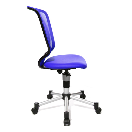 Blauer Kinderdrehstuhl mit ergonomischer Rückenlehne und höhenverstellbarem Sitz.