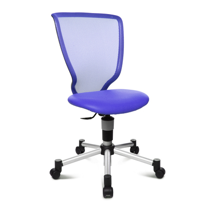 Blauer Kinderdrehstuhl mit ergonomischer Rückenlehne und gepolstertem Sitz.