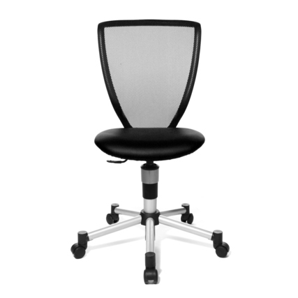 Schwarzer Kinderdrehstuhl mit Netzrückenlehne und stufenloser Sitzhöhenverstellung.