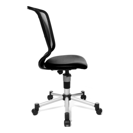 Schwarzer Kinderdrehstuhl mit ergonomischer Rückenlehne und verstellbarem Sitz, seitliche Ansicht.