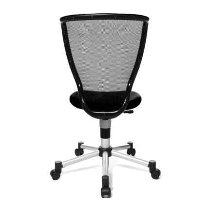 Kinderdrehstuhl mit hohem Netzrücken und rollbarem Fußkreuz, von hinten betrachtet.