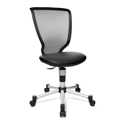 Schwarzer Kinderdrehstuhl mit ergonomischer Netzrückenlehne und gepolstertem Flachsitz.