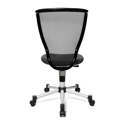 Schwarzer Kinderdrehstuhl mit Netzrückenlehne und Fußkreuz auf Rollen, Rückansicht.