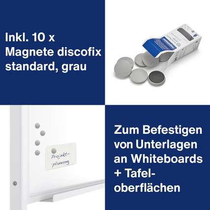 Zubehörset mit 10 grauen Magneten für Whiteboards und Tafeln in einer Verpackung.