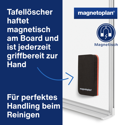 Magnetischer Tafellöschersystem am Whiteboard mit Hinweis auf Handhabung.