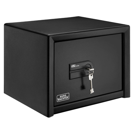 Schwarzer Möbeltresor mit Doppelbartschloss und Schlüssel, rechteckige Form, Produktabbildung.