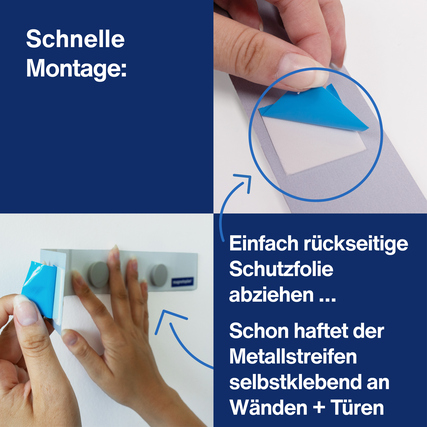 Hand zeigt, wie die selbstklebende Magnetleiste an einer Wand montiert wird.