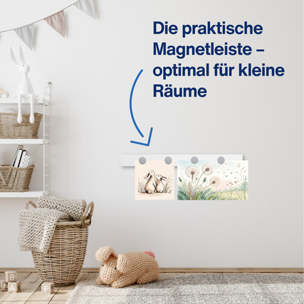 Magnetleiste an einer Wand mit Bildern und einer Dekoration aus einem Korb und einem Kuscheltier.