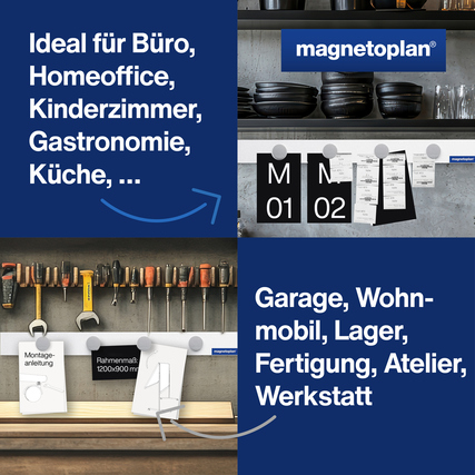 Magnetleiste an einer Wand mit verschiedenen angehängten Dokumenten und Werkzeugen.