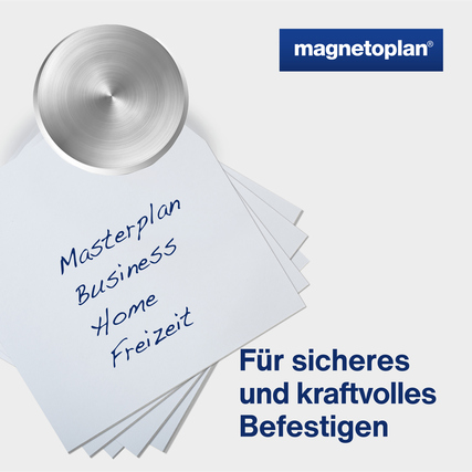 Chromfarbener Magnet mit beschichteter Unterseite auf einem beschrifteten Blatt Papier.