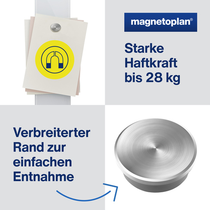 Magnet mit chromfarbener Metallkappe und breitem Rand zur einfachen Entnahme, haftet bis 28 kg.