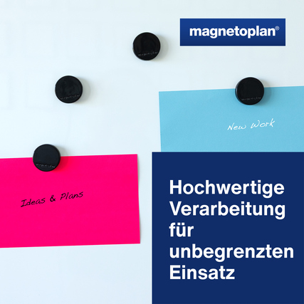Schwarze Ergo-Magnete halten bunte Notizzettel an einer weißen Tafel.