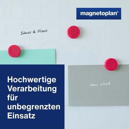 Runde pinke Ergo-Magnete halten Notizzettel an einer weißen Tafeloberfläche.