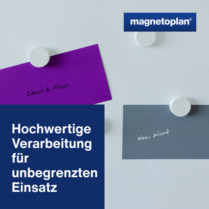 Weißer Ergo-Magnet an einer Tafel, hält zwei beschriftete Karten in lila und grau.
