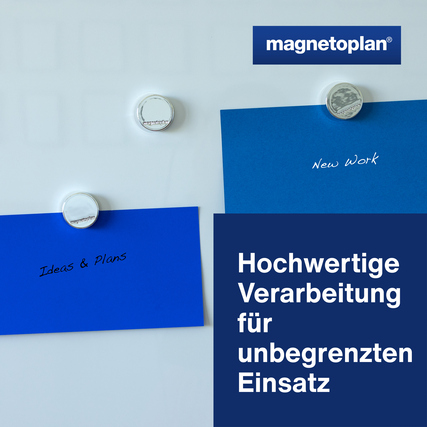 Ergo-Magnete mit ergonomischem Griffrand halten Dokumente an einer Wandtafel.