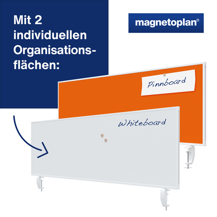 Tischtrennwand in orange und weiß, jeweils mit Pinn- und Whiteboard-Oberfläche.
