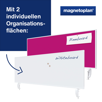 Tischtrennwand VarioPin in pink und weiß mit unterschiedlichen Organisationsflächen.