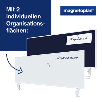 Tischtrennwand VarioPin in dunkelblau und weiß mit zwei nutzbaren Oberflächen.