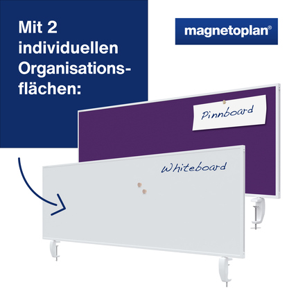 Tischtrennwand VarioPin in violett und weiß, montiert auf Rollen mit zwei Organisationsflächen.