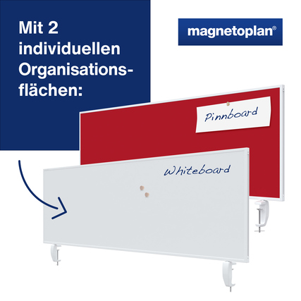 Rote und weiße Tischtrennwand als Organisationsfläche mit zwei unterschiedlichen Oberflächen.