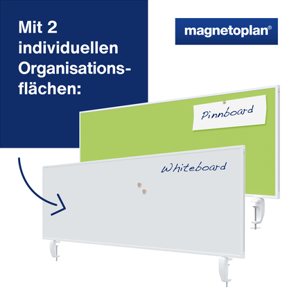 Grüne Tischtrennwand mit Whiteboard- und Pinnwand-Oberflächen, mobil mit Rollen.