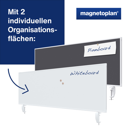 Graue Tischtrennwand mit zwei Oberflächen: Pinboard und Whiteboard, auf einem Rollensystem.