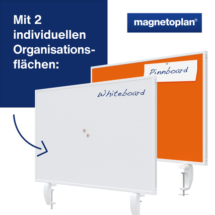 Tischtrennwand VarioPin mit einer orangefarbenen und weißen Oberfläche, montiert auf einem Tisch.