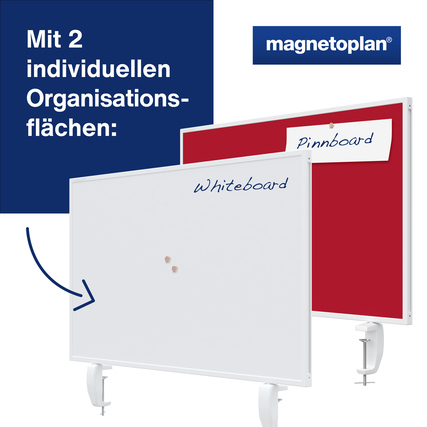 Tischtrennwand in Rot und Weiß mit zwei Organisationsflächen und Befestigungselementen.