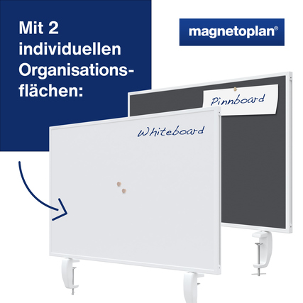 Tischtrennwand in grau mit zwei Oberflächen, Whiteboard und Pinnboard, zur individuellen Nutzung.