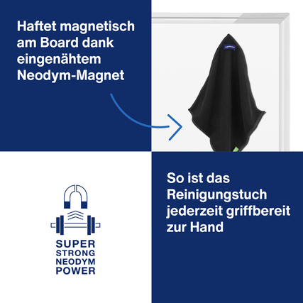 Schwarzes Mikrofasertuch mit Neodym-Magnet, das an einem Whiteboard haften kann.