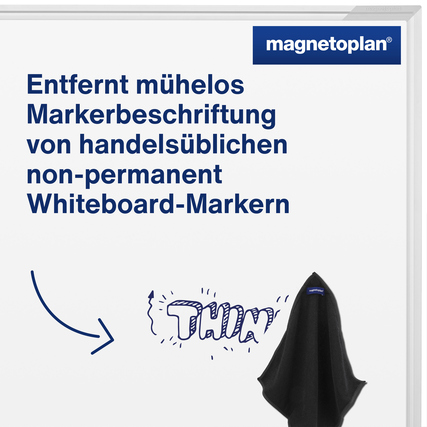 Schwarzes Microfasertuch zum Reinigen von Whiteboards, mit eingenähtem Neodym-Magneten.