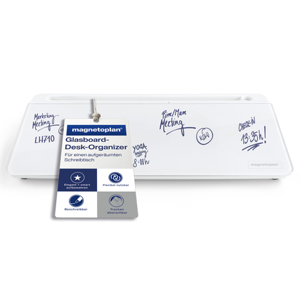 Glasboard Desk-Organizer in Weiß mit Whiteboard-Funktion und beschriftetem Zubehörschild.