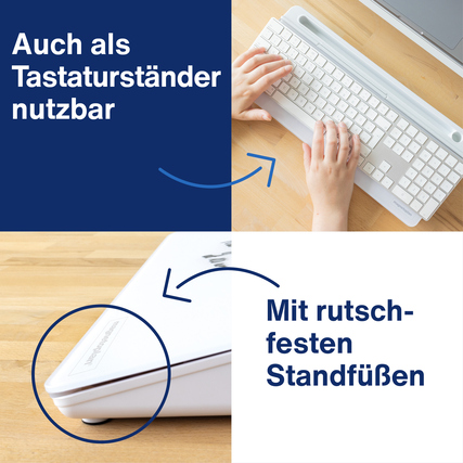 Weißes Glasboard Desk-Organizer mit Tastatur und Hinweis auf rutschfeste Standfüße.