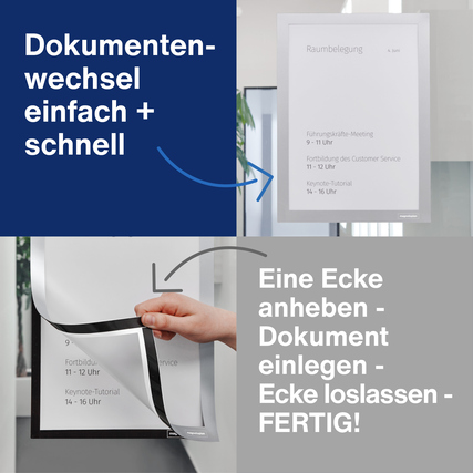 Zwei silberne Magnetrahmen für DIN A4-Dokumente an einer Glaswand mit Wechselanleitung.