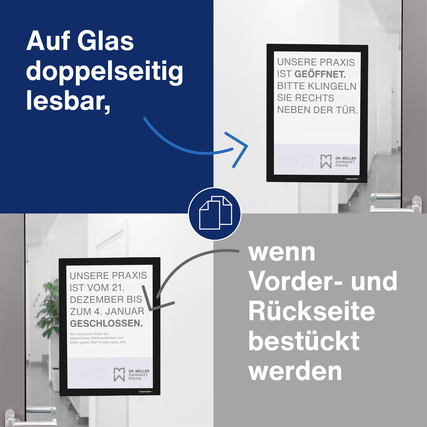 Zwei magnetische Rahmen im Einsatz, einer an einer Tür, zeigen Bespiele zur doppelten Sichtbarkeit.