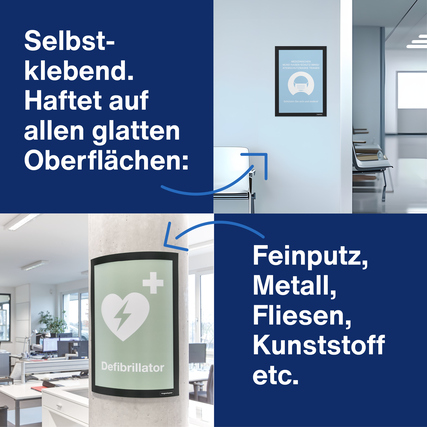 Schwarzer Magnetrahmen für DIN A4, der an verschiedenen glatten Oberflächen haftet.