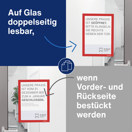 Roter Magnetrahmen DIN A4 an einer Glasfläche mit beidseitig sichtbaren Dokumenten.