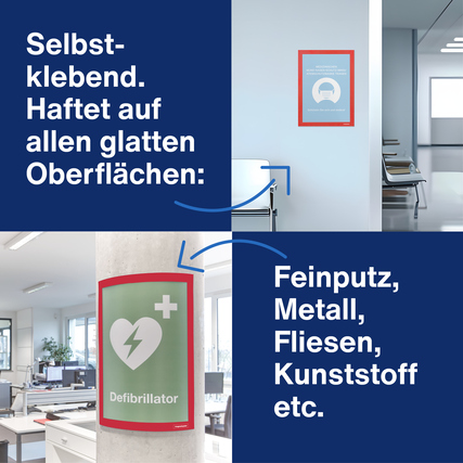 Magnetrahmen in rot zeigt Einsatzmöglichkeiten auf unterschiedlichen Oberflächen in einem Büro.