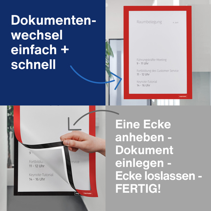Zwei rot umrahmte DIN A4 Dokumentenrahmen zeigen die Handhabung zum einfachen Dokumentenwechsel.