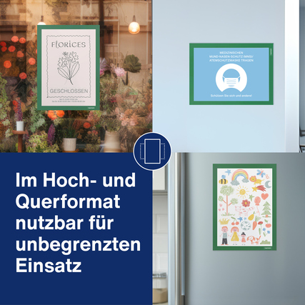 Grüner Magnetrahmen DIN A4 für doppelseitige Nutzung, im Hoch- und Querformat anwendbar.