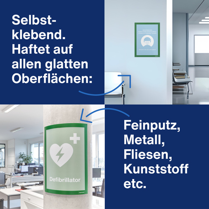 Grüner Magnetrahmen A4 an glatter Oberfläche mit Beispielen zur Anwendung und Materialhinweisen.