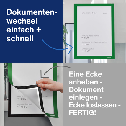 Zwei grüne Magnetrahmen halten Dokumente an einer Wand, eine Person hebt die Ecke eines Rahmens an.
