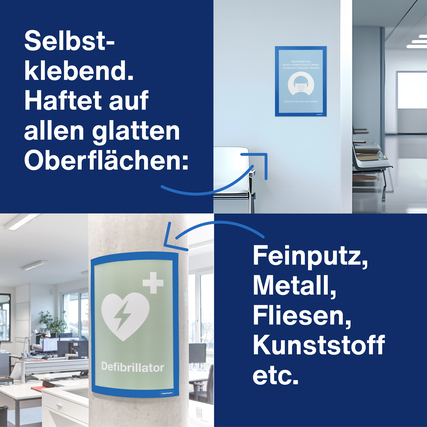 Selbstklebender Magnetrahmen in blau, montiert an Wänden und Pfeil zu verschiedenen Oberflächen.