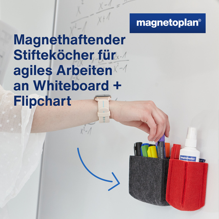 Magnetischer Stiftehalter aus Filz in rot mit Markern und Spraydose, befestigt an einem Whiteboard.