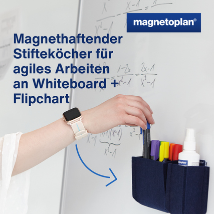 Blauer Stiftehalter aus Filz mit integrierten Magneten, an einem Whiteboard befestigt.
