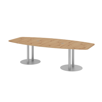 Konferenztisch mit ovaler Tischplatte aus astgebleichter Eiche und zwei runden Standbeinen.