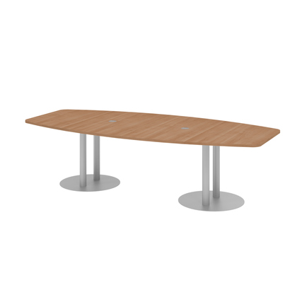 Konferenztisch in Nussbaum mit zwei runden Kabelauslassdosen und stabilen Standfüßen.